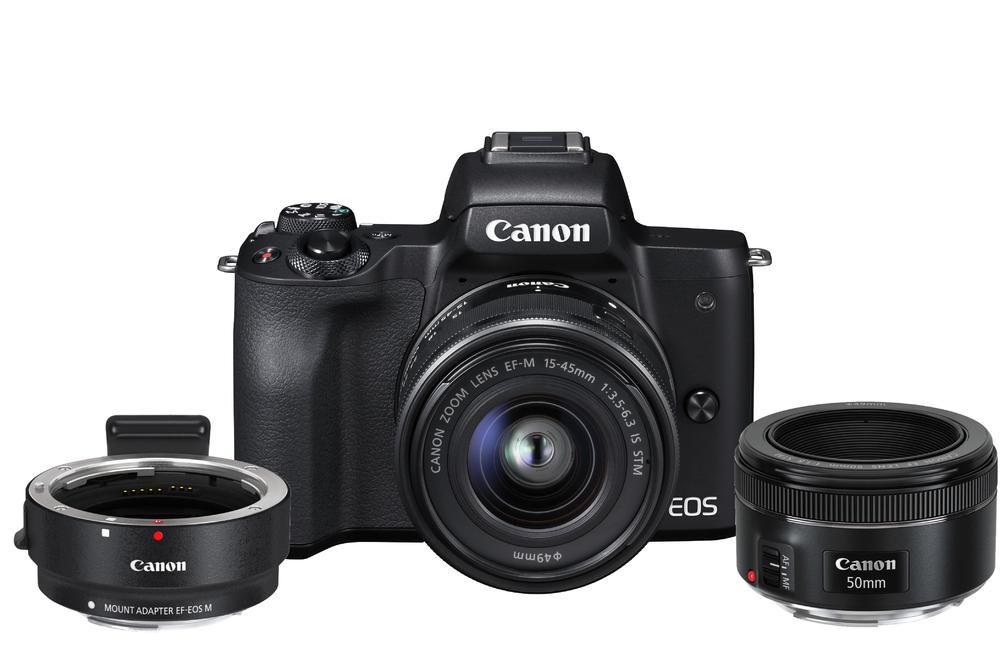 Canon EOS M50 + 15-45mm + 50mm + EF-EOS M adaptér